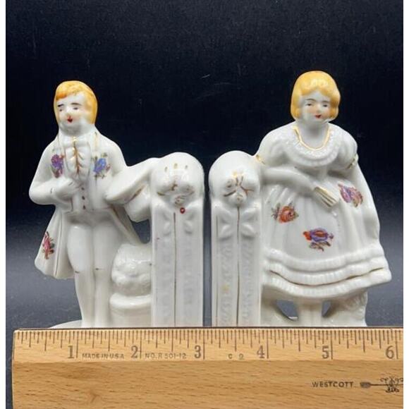 VTG Japanese Porcelain Colonial Man & Woman Bookends Hand-painted w/ 22K Gold - Picture 15 of 16